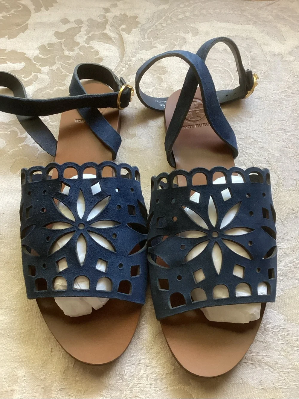 Tory Burch May flat Lancaster suede navy ankle strap laser cut leaf sandals 6.5